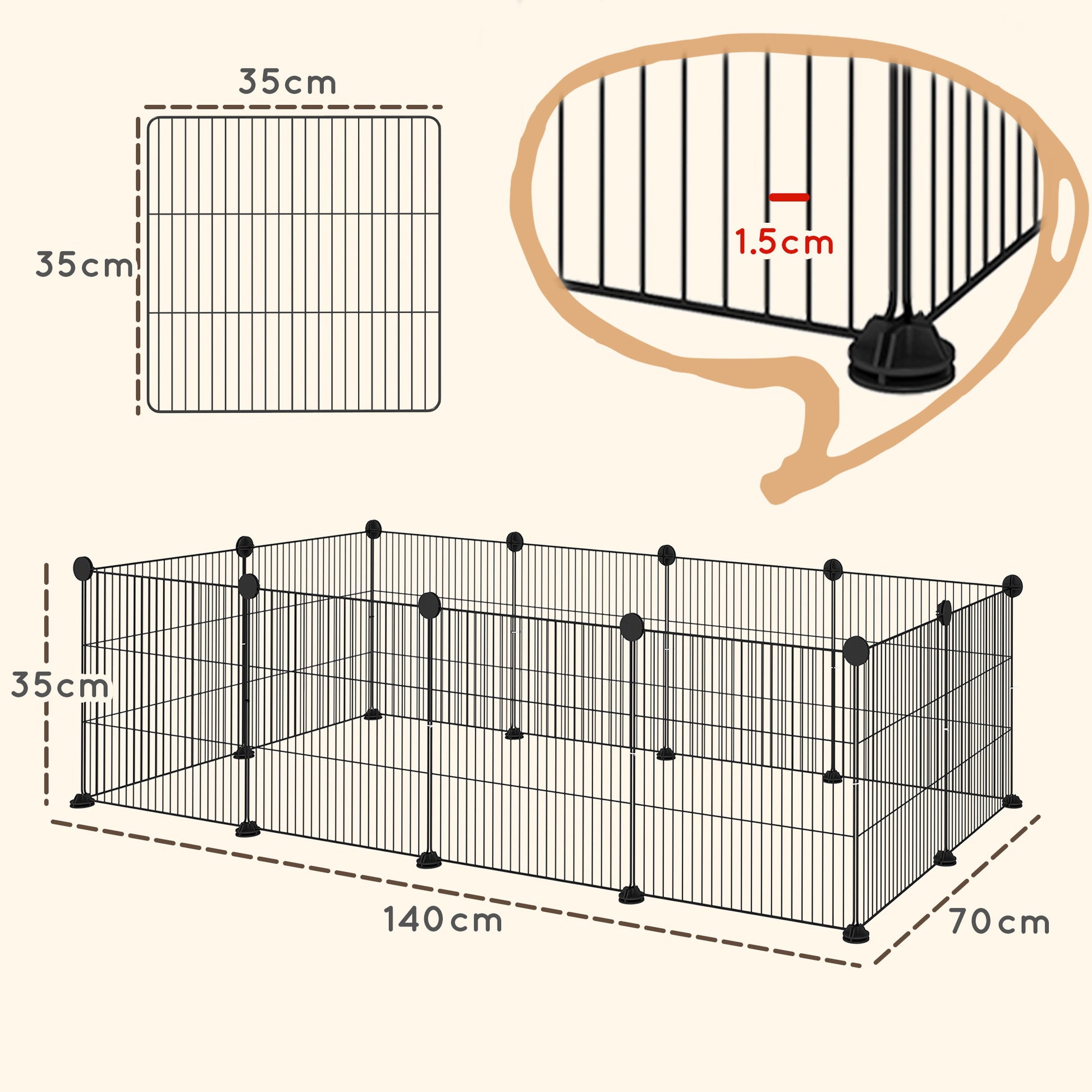 Metal Fence for Pets with 12 Panels Small Animal Metal Park Detachable DIY Design for Hedgehogs Rabbits 140x70x35 cm Black