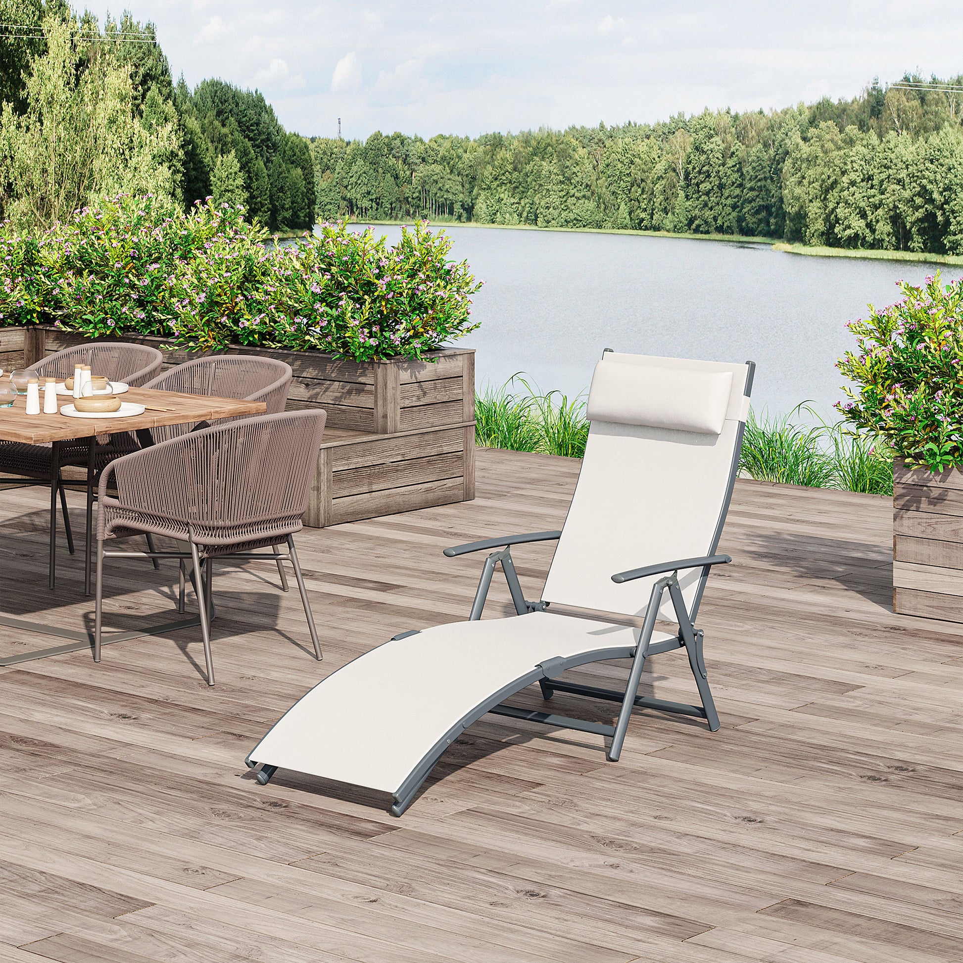 Folding Lounger Garden Lounger with 7-Level Adjustable Backrest Pillow and Armrests Load 165 kg for Pool Terrace Camping 137x63.5x100.5 cm Beige
