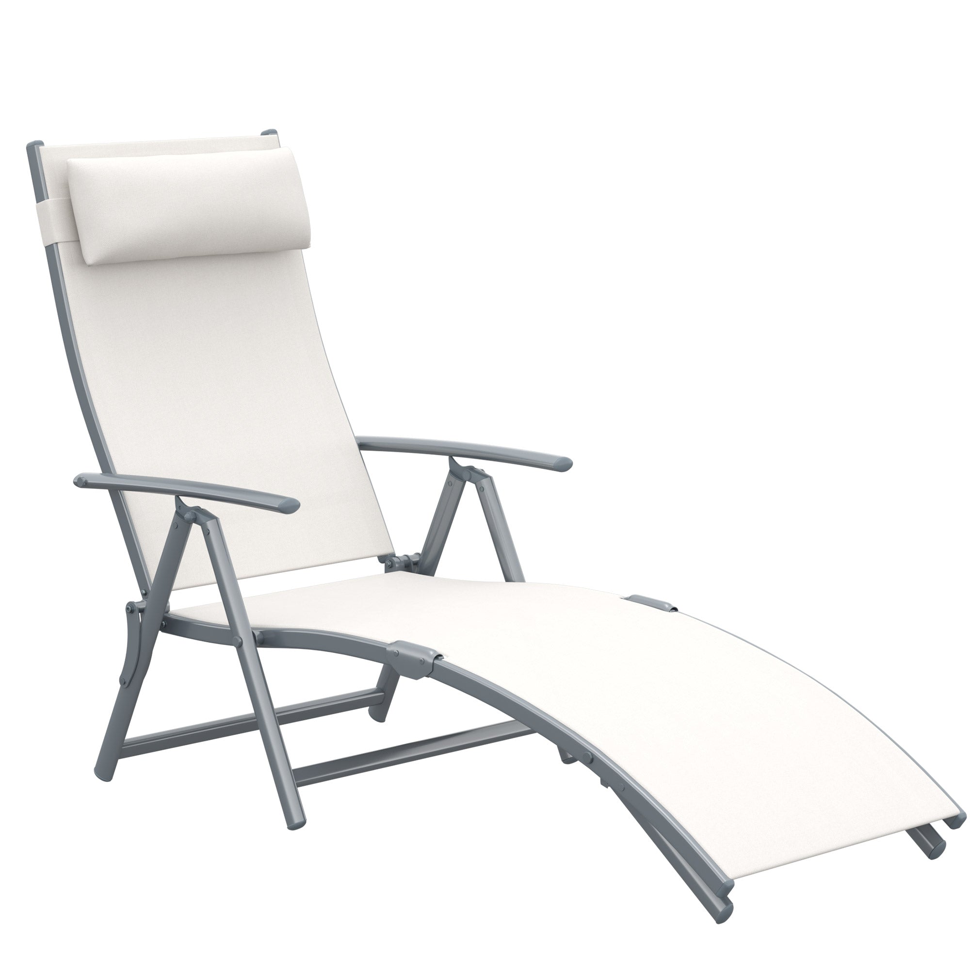 Folding Lounger Garden Lounger with 7-Level Adjustable Backrest Pillow and Armrests Load 165 kg for Pool Terrace Camping 137x63.5x100.5 cm Beige