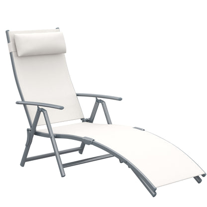 Folding Lounger Garden Lounger with 7-Level Adjustable Backrest Pillow and Armrests Load 165 kg for Pool Terrace Camping 137x63.5x100.5 cm Beige