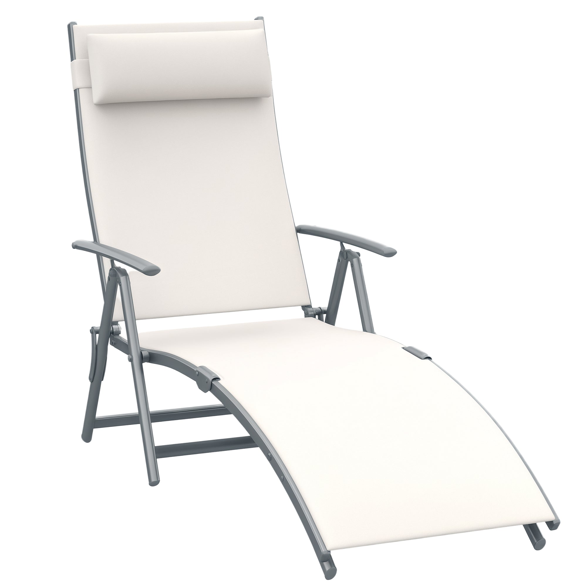 Folding Lounger Garden Lounger with 7-Level Adjustable Backrest Pillow and Armrests Load 165 kg for Pool Terrace Camping 137x63.5x100.5 cm Beige