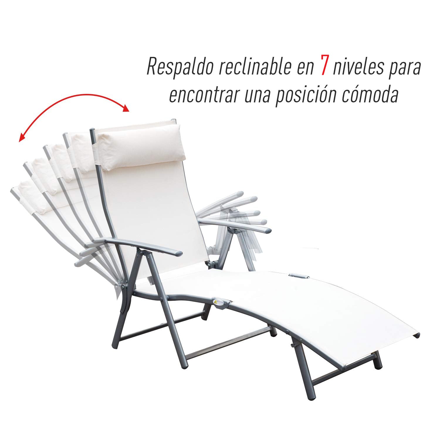Folding Lounger Garden Lounger with 7-Level Adjustable Backrest Pillow and Armrests Load 165 kg for Pool Terrace Camping 137x63.5x100.5 cm Beige