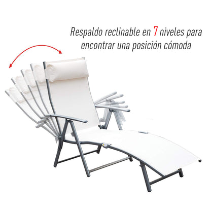 Folding Lounger Garden Lounger with 7-Level Adjustable Backrest Pillow and Armrests Load 165 kg for Pool Terrace Camping 137x63.5x100.5 cm Beige