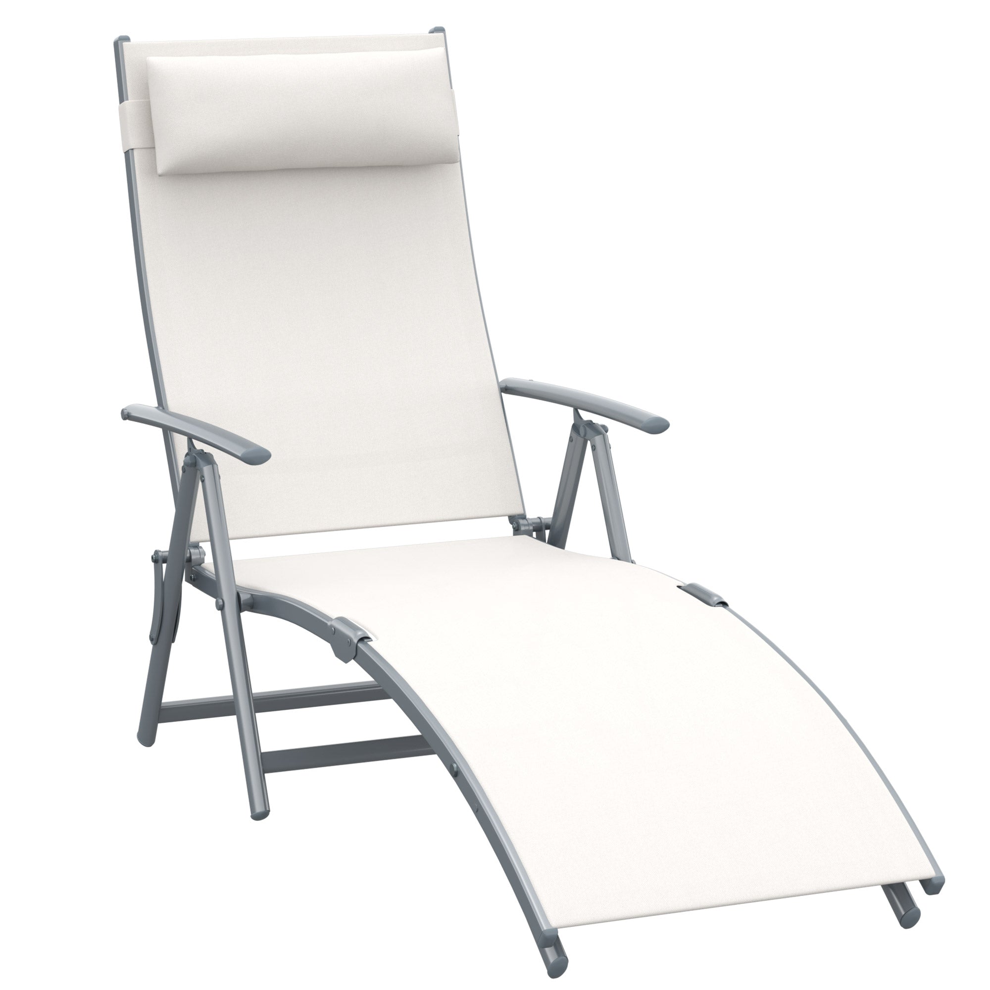 Folding Lounger Garden Lounger with 7-Level Adjustable Backrest Pillow and Armrests Load 165 kg for Pool Terrace Camping 137x63.5x100.5 cm Beige