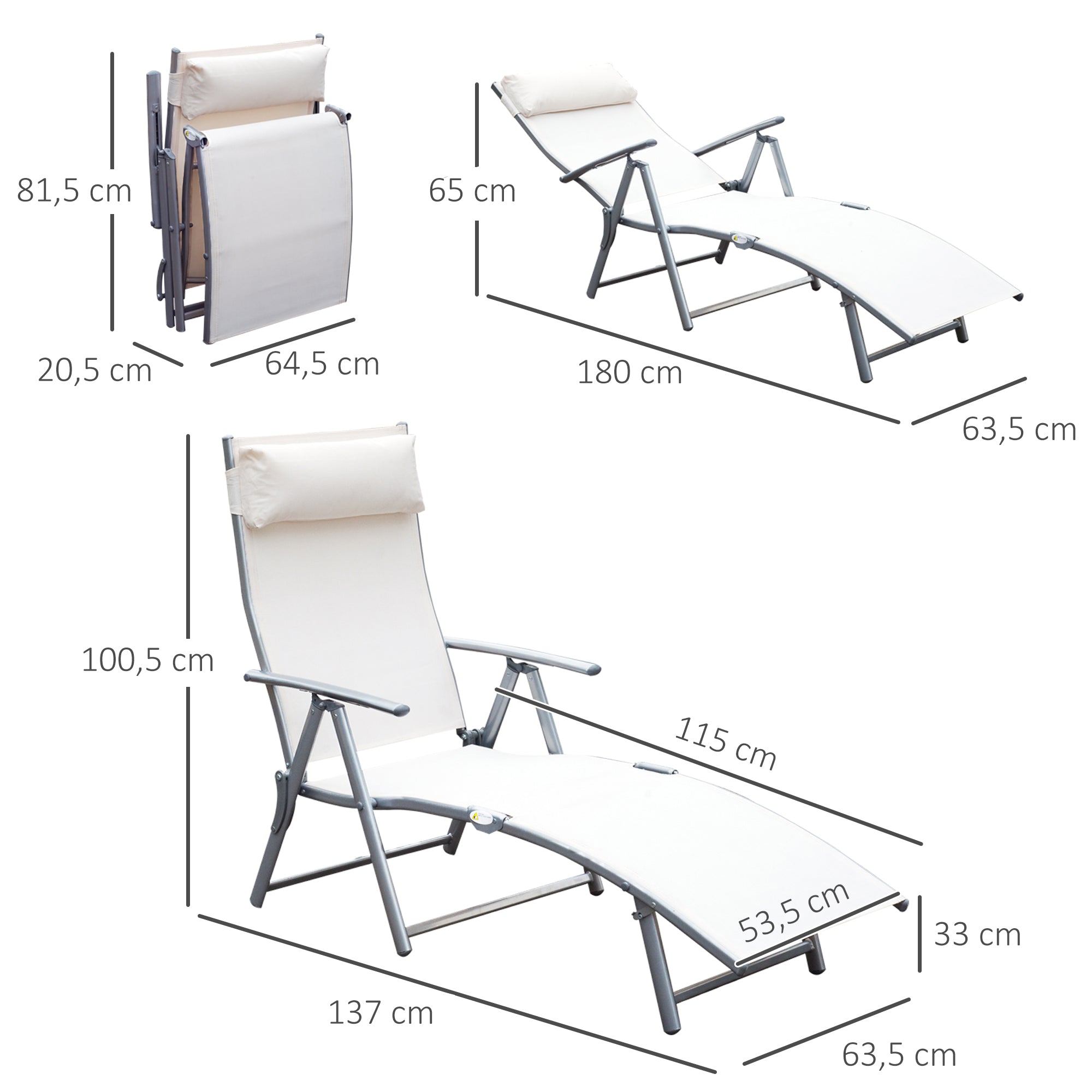 Folding Lounger Garden Lounger with 7-Level Adjustable Backrest Pillow and Armrests Load 165 kg for Pool Terrace Camping 137x63.5x100.5 cm Beige