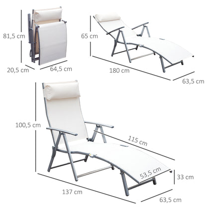 Folding Lounger Garden Lounger with 7-Level Adjustable Backrest Pillow and Armrests Load 165 kg for Pool Terrace Camping 137x63.5x100.5 cm Beige