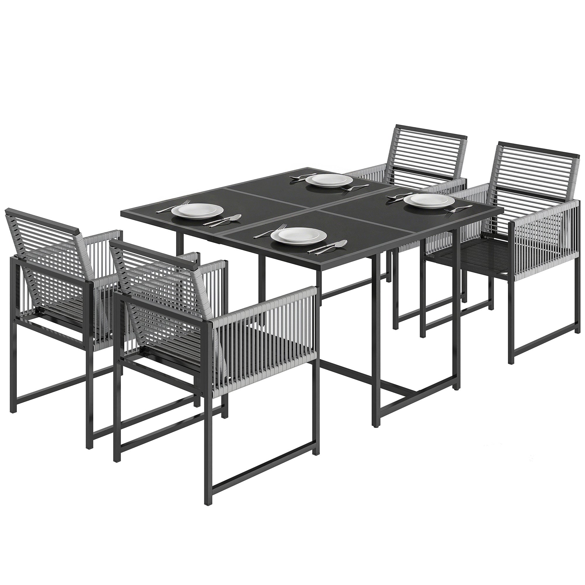 5-Piece Outdoor Dining Set - Square Tempered Glass Table with 4 Breathable Folding Rope Chairs, Space-Saving, Light Gray