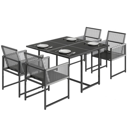 5-Piece Outdoor Dining Set - Square Tempered Glass Table with 4 Breathable Folding Rope Chairs, Space-Saving, Light Gray