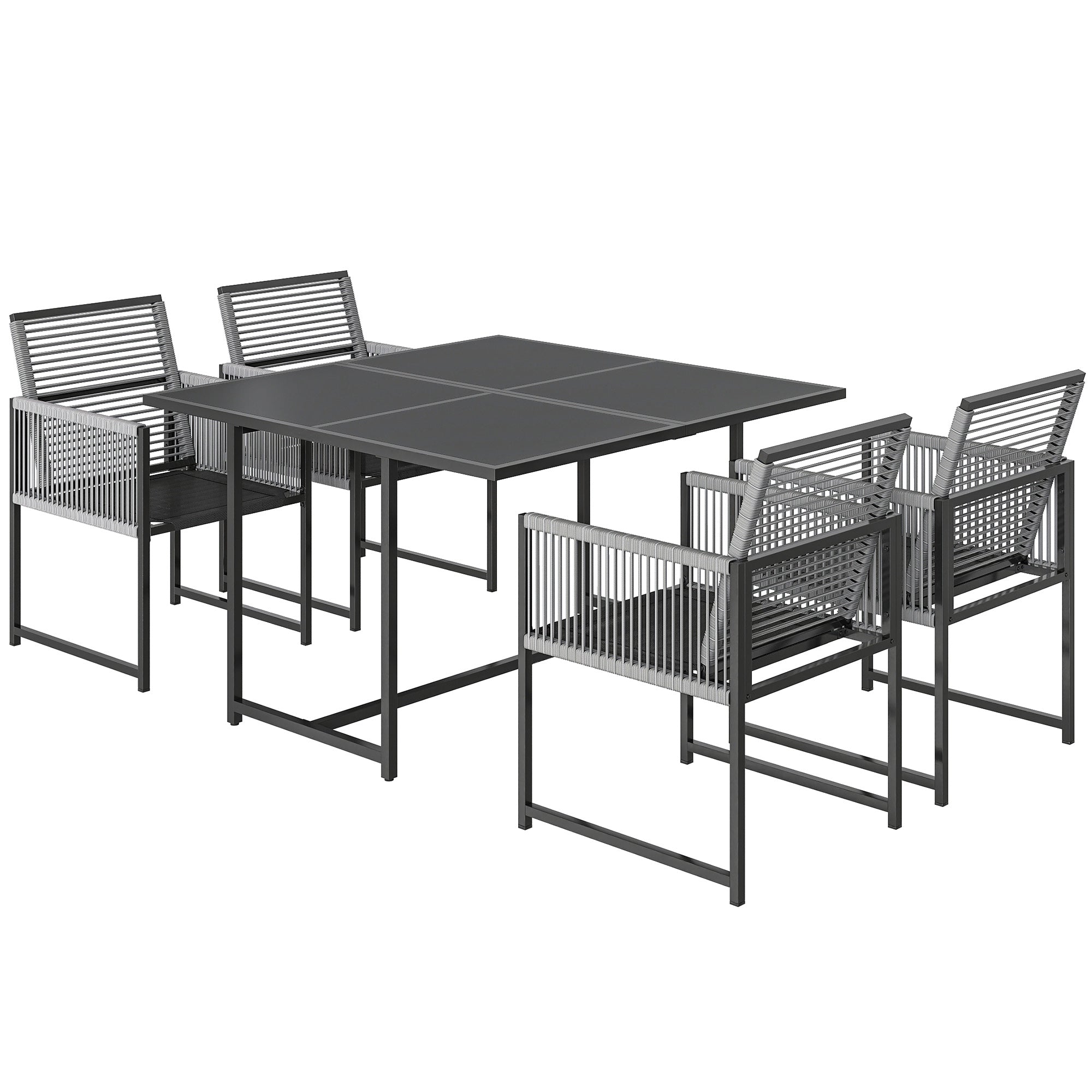 5-Piece Outdoor Dining Set - Square Tempered Glass Table with 4 Breathable Folding Rope Chairs, Space-Saving, Light Gray