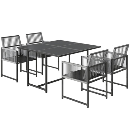 5-Piece Outdoor Dining Set - Square Tempered Glass Table with 4 Breathable Folding Rope Chairs, Space-Saving, Light Gray