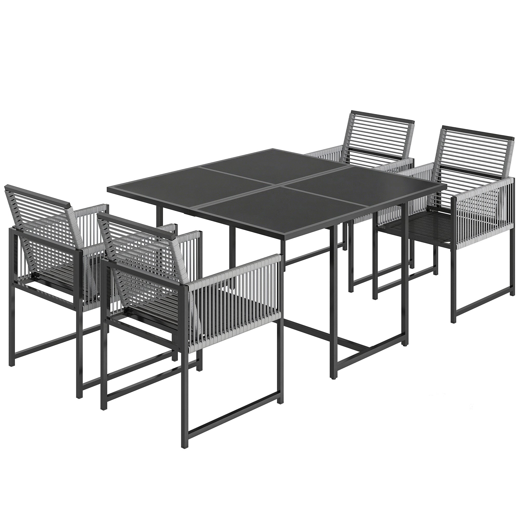 5-Piece Outdoor Dining Set - Square Tempered Glass Table with 4 Breathable Folding Rope Chairs, Space-Saving, Light Gray