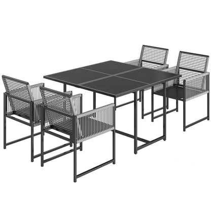 5-Piece Outdoor Dining Set - Square Tempered Glass Table with 4 Breathable Folding Rope Chairs, Space-Saving, Light Gray