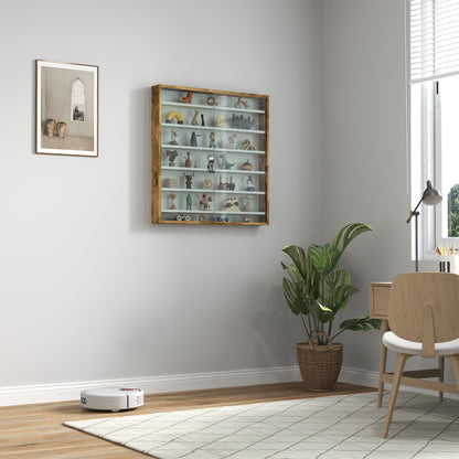 Wall Display Cabinet for Collectibles, 31.5" x 3.7" x 32.7" with 6 Adjustable Shelves and 2 Sliding Glass Doors, Rustic Brown