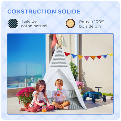 Indian Teepee Tent Children's Play Tent Graphic Style - dim. 1.2L x 1.2W x 1.55H m - Closable Door Window Mat Cushion Carry Bag Included - Indoor Outdoor Gray White