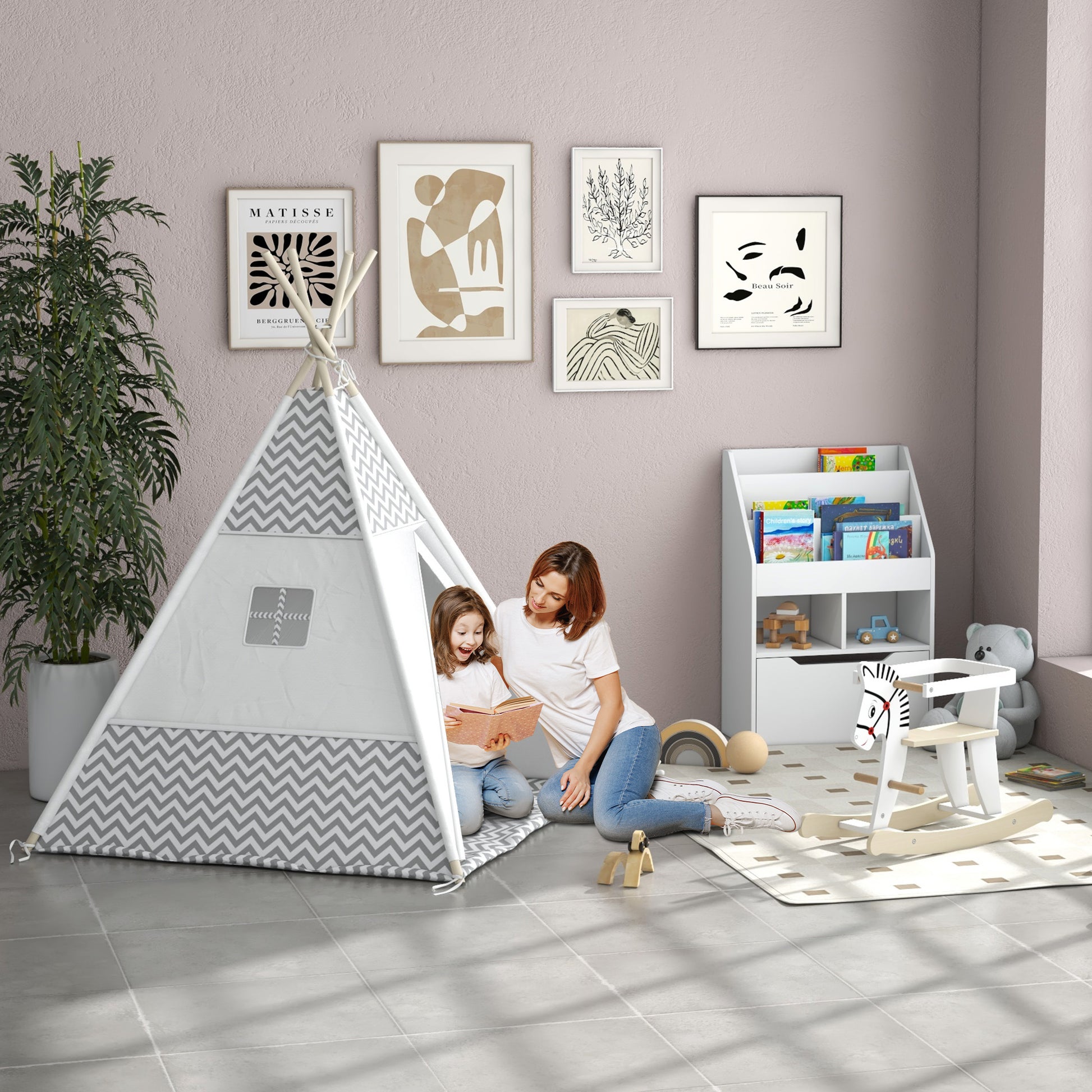 Indian Teepee Tent Children's Play Tent Graphic Style - dim. 1.2L x 1.2W x 1.55H m - Closable Door Window Mat Cushion Carry Bag Included - Indoor Outdoor Gray White