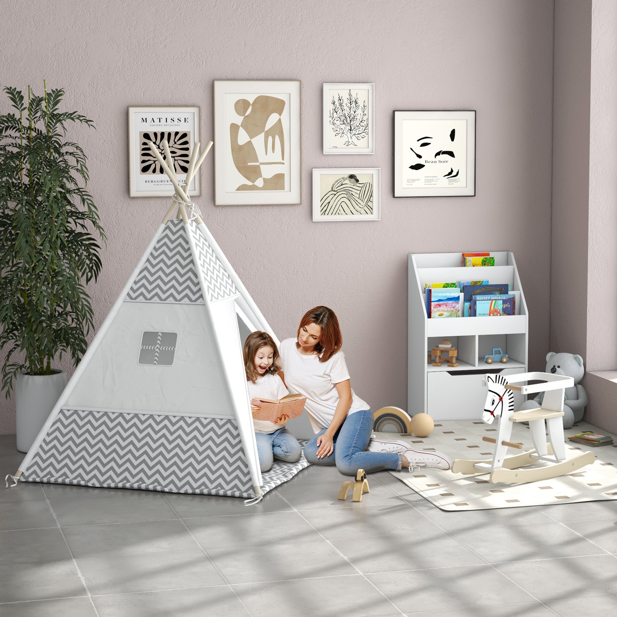 Indian Teepee Tent Children's Play Tent Graphic Style - dim. 1.2L x 1.2W x 1.55H m - Closable Door Window Mat Cushion Carry Bag Included - Indoor Outdoor Gray White