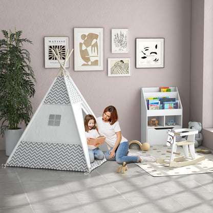 Indian Teepee Tent Children's Play Tent Graphic Style - dim. 1.2L x 1.2W x 1.55H m - Closable Door Window Mat Cushion Carry Bag Included - Indoor Outdoor Gray White
