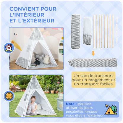 Indian Teepee Tent Children's Play Tent Graphic Style - dim. 1.2L x 1.2W x 1.55H m - Closable Door Window Mat Cushion Carry Bag Included - Indoor Outdoor Gray White
