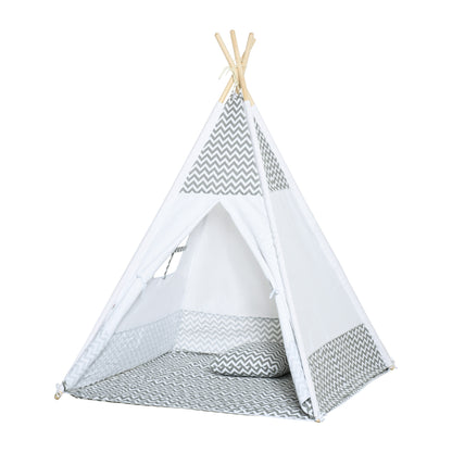 Indian Teepee Tent Children's Play Tent Graphic Style - dim. 1.2L x 1.2W x 1.55H m - Closable Door Window Mat Cushion Carry Bag Included - Indoor Outdoor Gray White