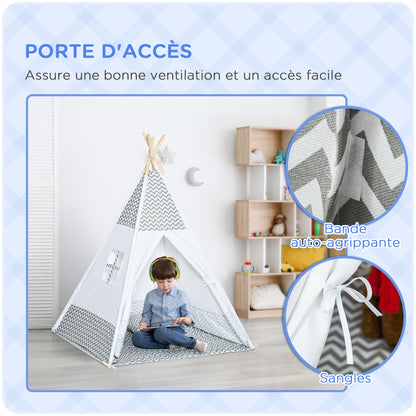 Indian Teepee Tent Children's Play Tent Graphic Style - dim. 1.2L x 1.2W x 1.55H m - Closable Door Window Mat Cushion Carry Bag Included - Indoor Outdoor Gray White