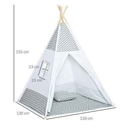Indian Teepee Tent Children's Play Tent Graphic Style - dim. 1.2L x 1.2W x 1.55H m - Closable Door Window Mat Cushion Carry Bag Included - Indoor Outdoor Gray White