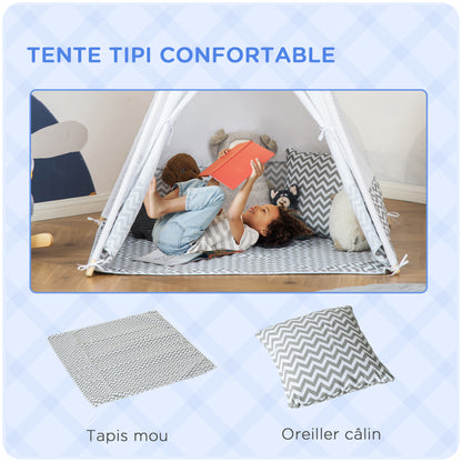 Indian Teepee Tent Children's Play Tent Graphic Style - dim. 1.2L x 1.2W x 1.55H m - Closable Door Window Mat Cushion Carry Bag Included - Indoor Outdoor Gray White