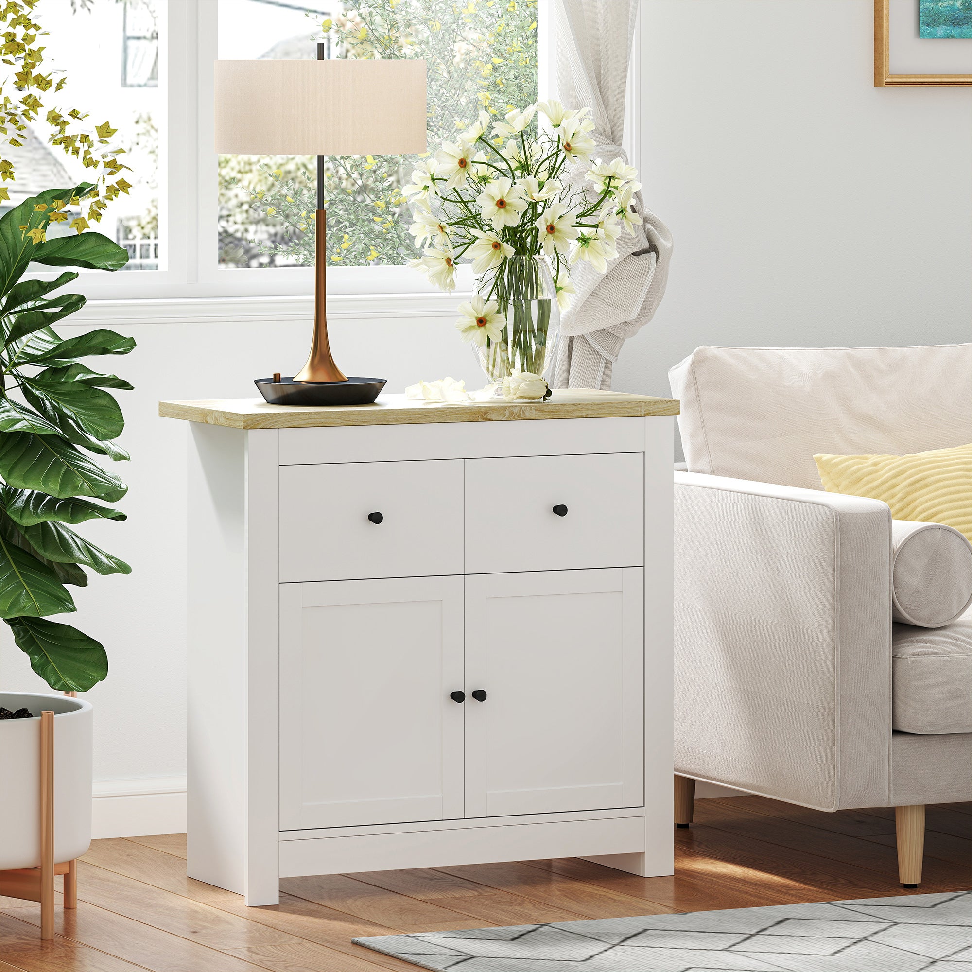Sideboard Kitchen Cabinet with 2 Drawers, Soft-Close Double Door, Adjustable Shelf, Modern Storage Cabinet for Living Room, Bedroom 79 x 35 x 80 cm White