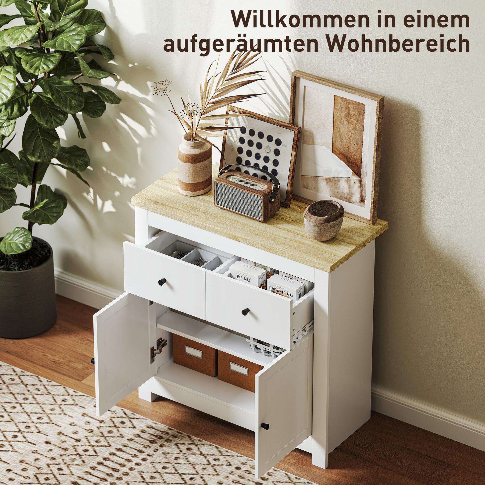 Sideboard Kitchen Cabinet with 2 Drawers, Soft-Close Double Door, Adjustable Shelf, Modern Storage Cabinet for Living Room, Bedroom 79 x 35 x 80 cm White