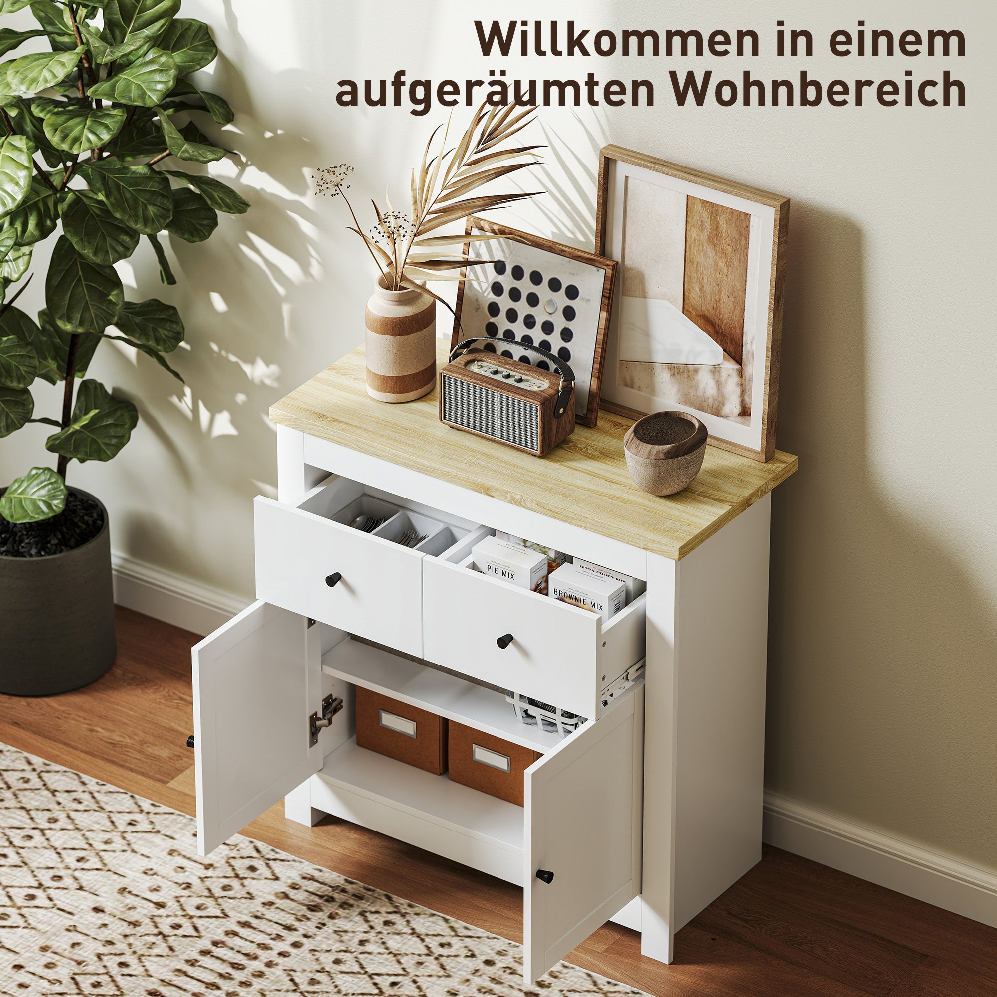 Sideboard Kitchen Cabinet with 2 Drawers, Soft-Close Double Door, Adjustable Shelf, Modern Storage Cabinet for Living Room, Bedroom 79 x 35 x 80 cm White