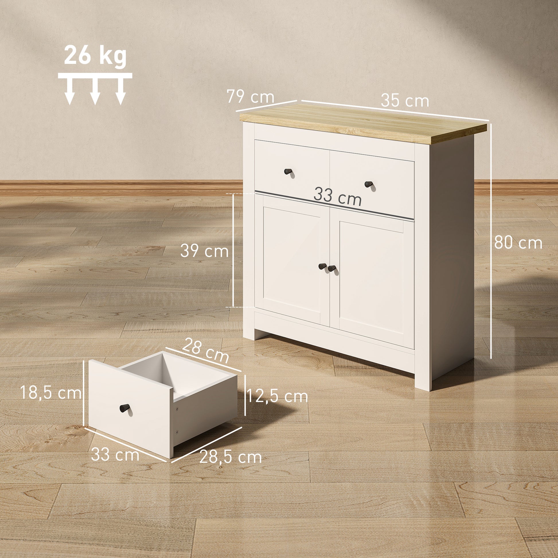 Sideboard Kitchen Cabinet with 2 Drawers, Soft-Close Double Door, Adjustable Shelf, Modern Storage Cabinet for Living Room, Bedroom 79 x 35 x 80 cm White