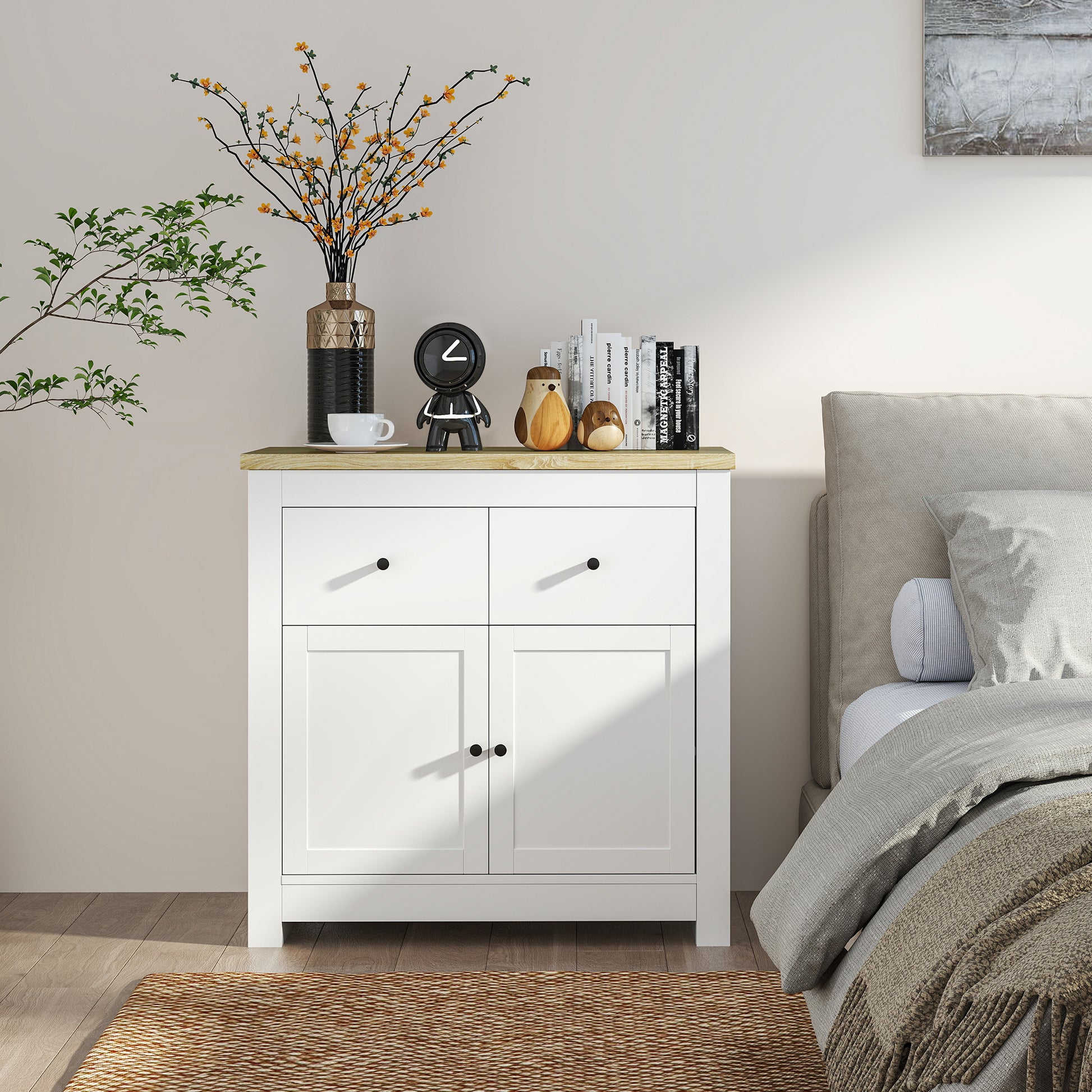 Sideboard Kitchen Cabinet with 2 Drawers, Soft-Close Double Door, Adjustable Shelf, Modern Storage Cabinet for Living Room, Bedroom 79 x 35 x 80 cm White