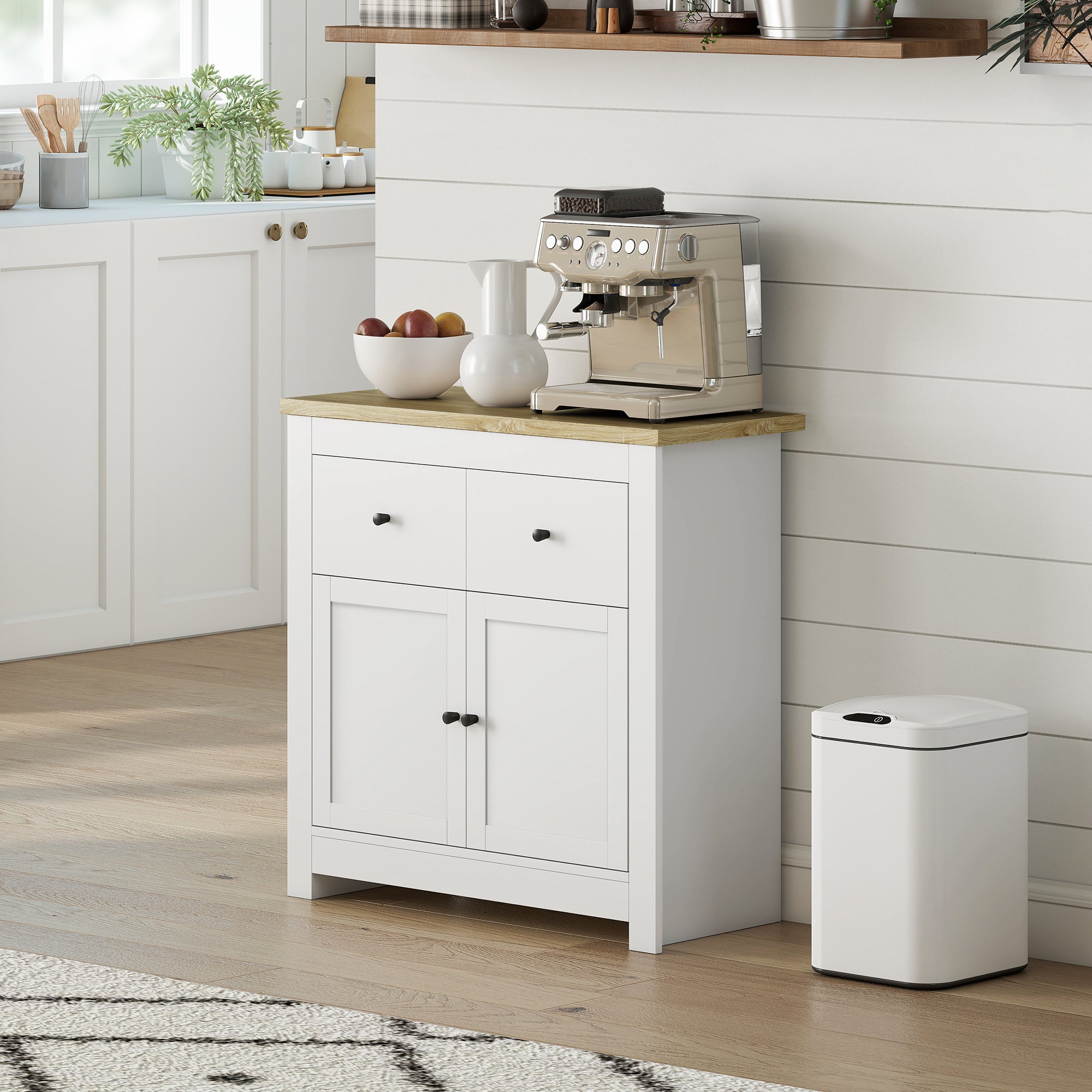 Sideboard Kitchen Cabinet with 2 Drawers, Soft-Close Double Door, Adjustable Shelf, Modern Storage Cabinet for Living Room, Bedroom 79 x 35 x 80 cm White