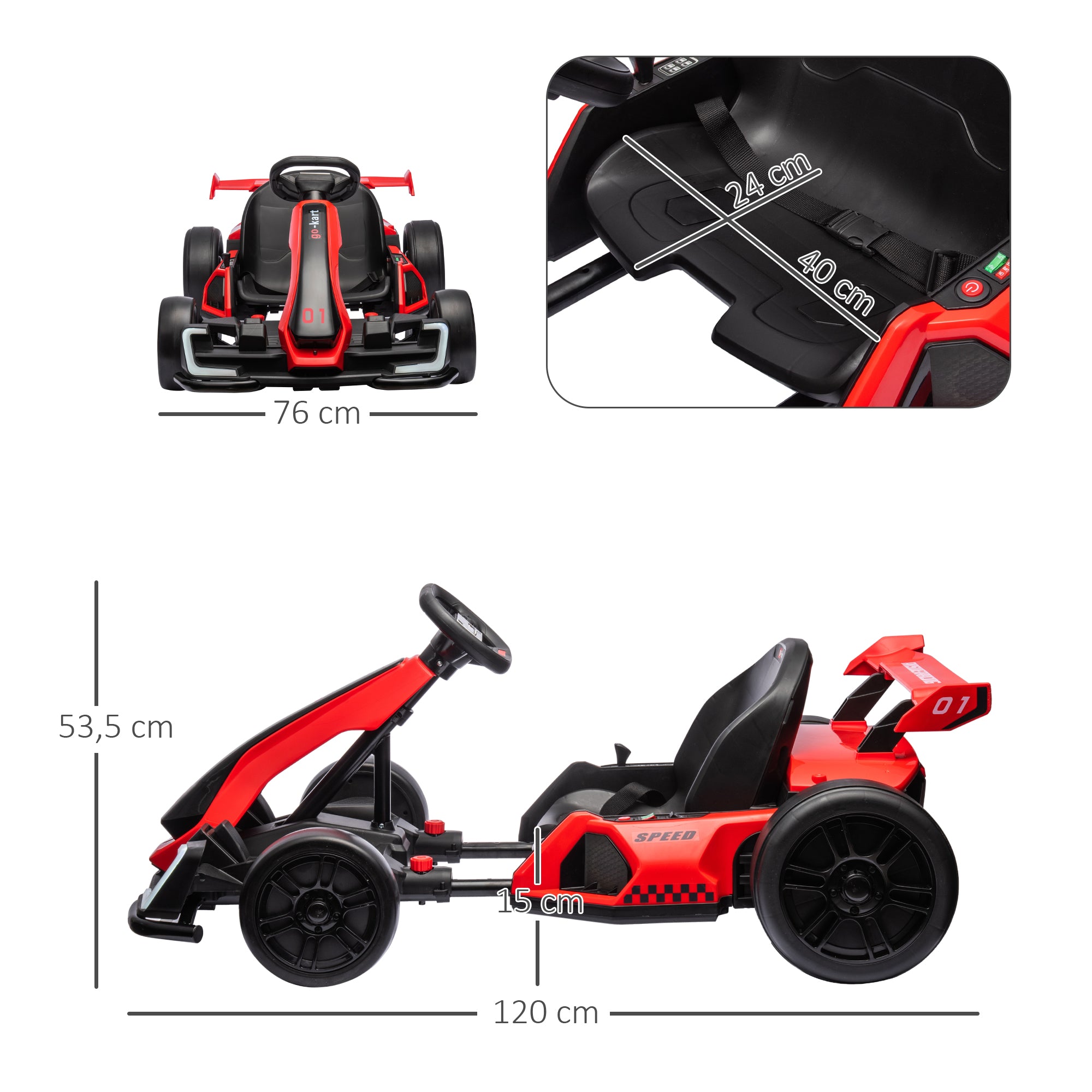 Kids Electric Go-Kart 24V 6-12km/h Drift Kart with Drift Mode, Slow Start, 3-Position Adjustable Seat, Go Kart with Music Display, Seatbelt Children's Vehicle for 6-12 Year-Olds Red