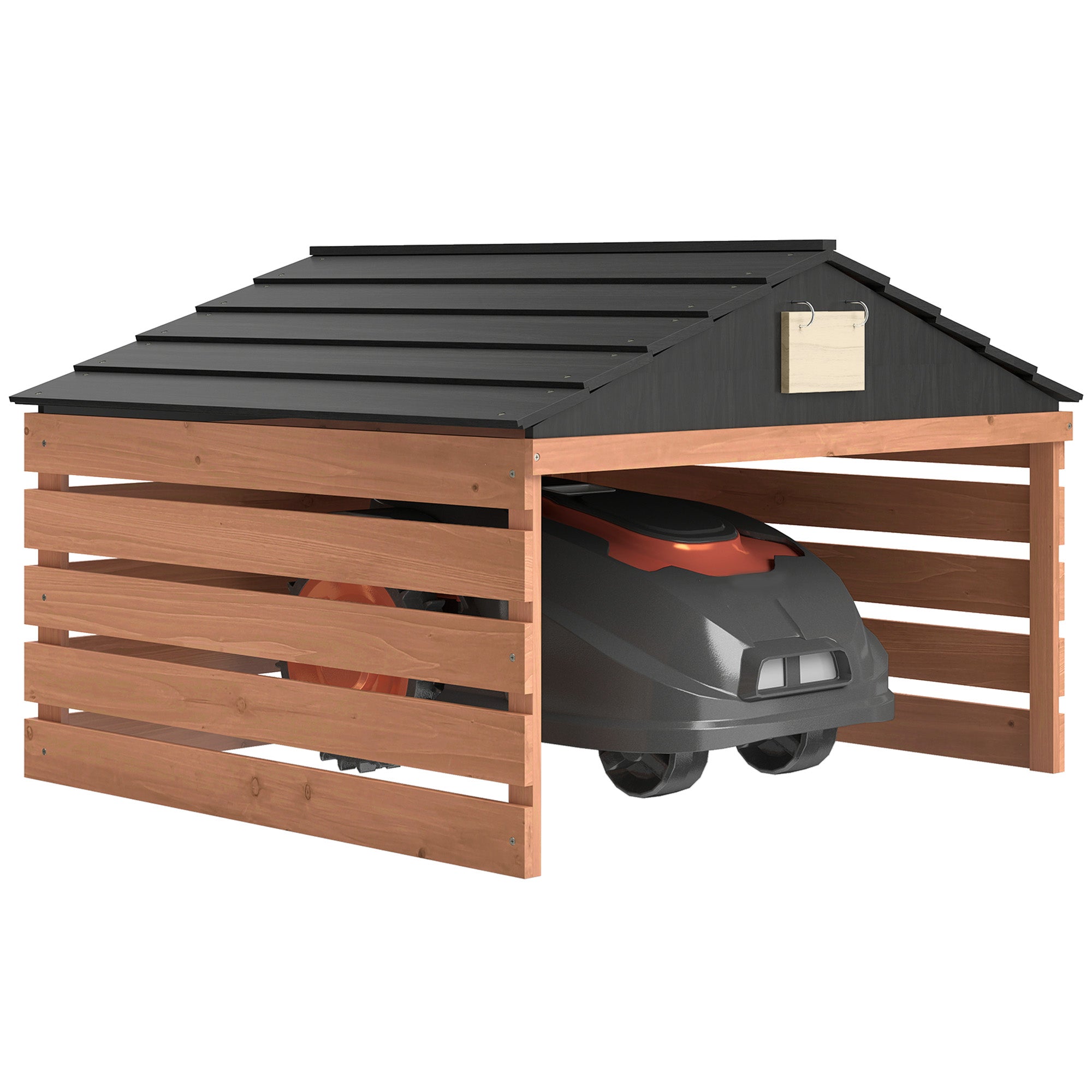 Wooden Robot Mower Garage with Gable Roof — Weatherproof Spruce Shelter for Robotic Lawn Mowers, 79 x 74 x 54 cm (31.1 x 29.1 x 21.3 in), Red-Brown