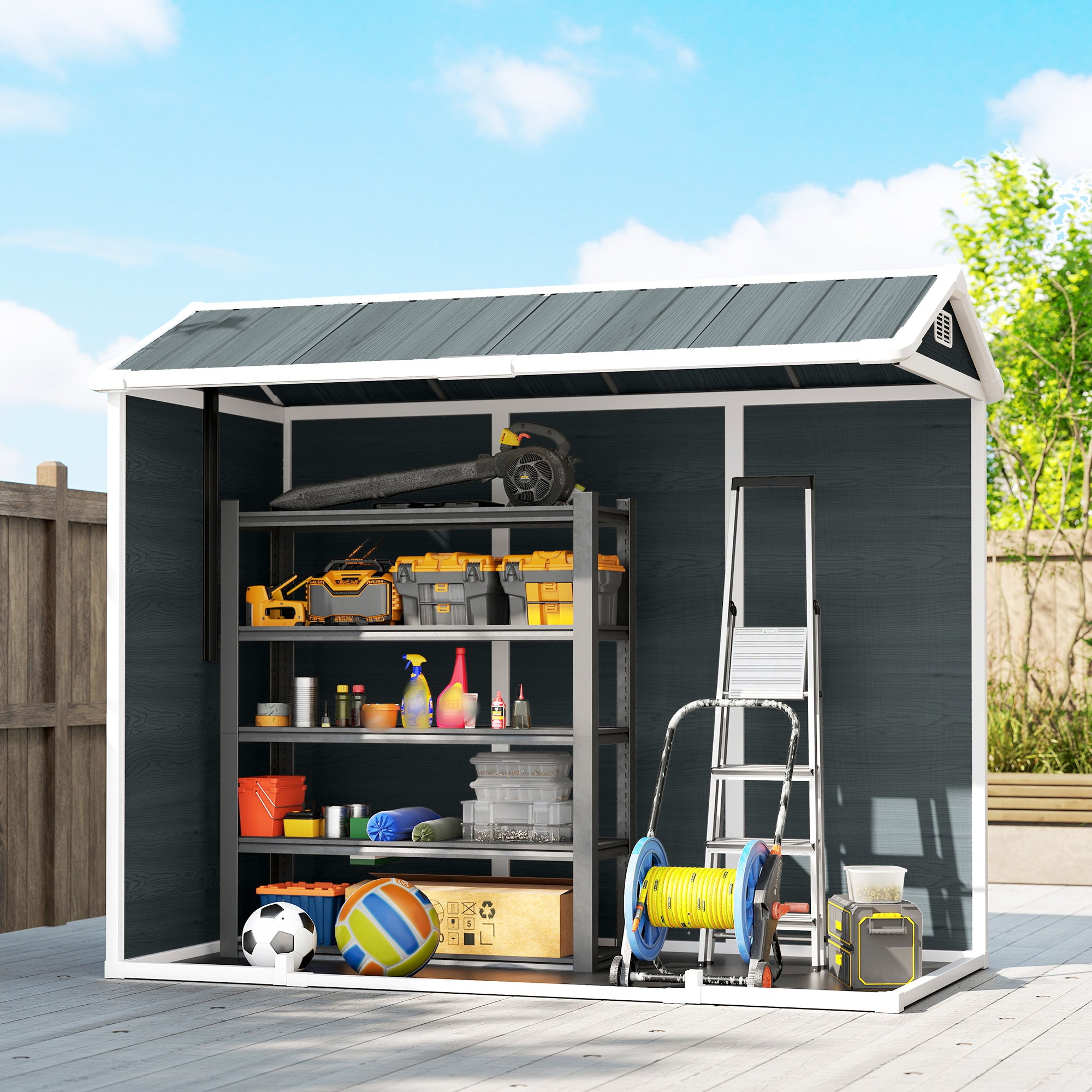 30 sq ft Wood-Effect Plastic Garden Shed — 244 × 131 × 201 cm (8'0" × 4'4" × 6'7") • Gable Roof, Double Doors, Windows, Ventilation, Floor, Lock & Gloves