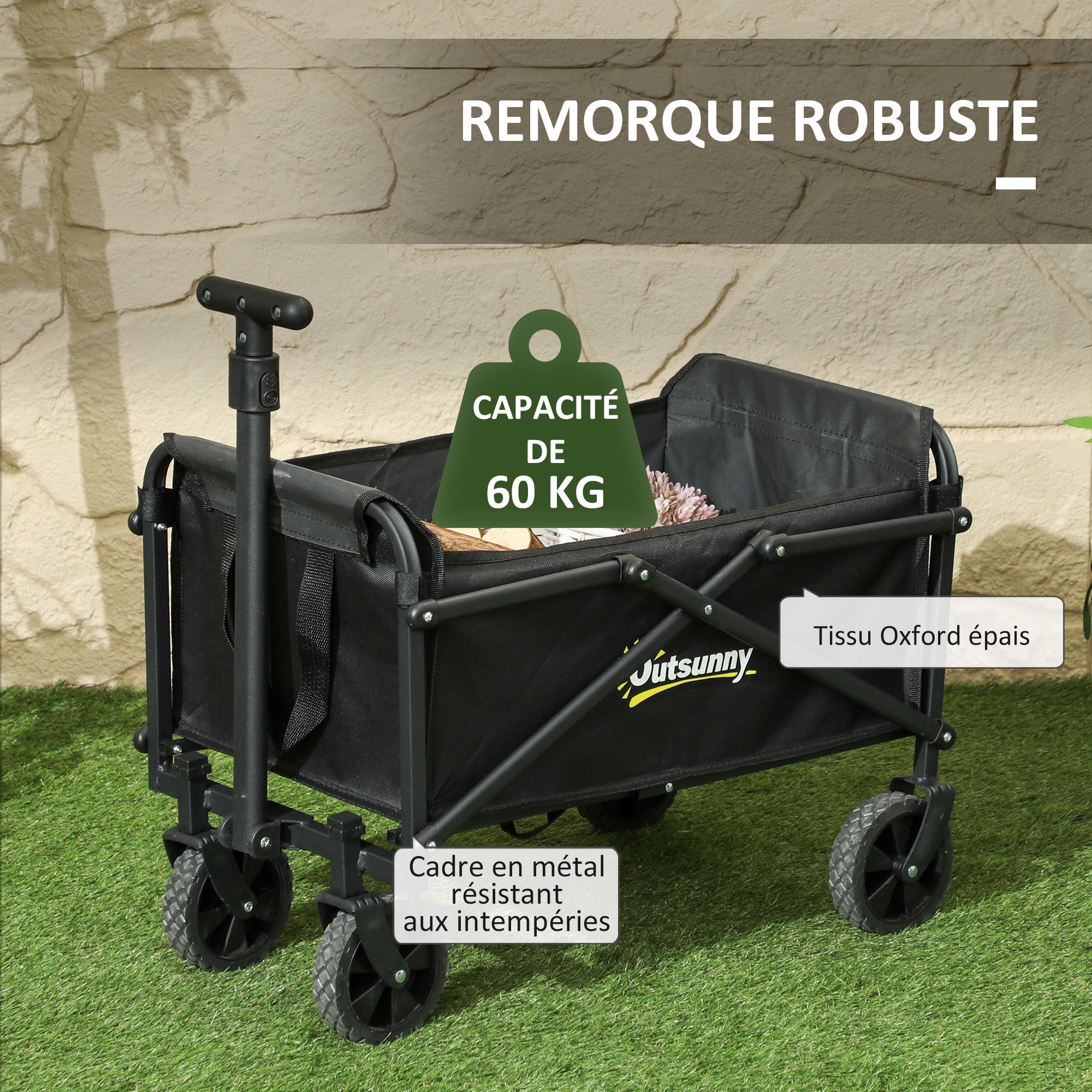 Foldable Beach Transportation Cart with Wheels 60 kg, Garden Cart with Telescopic Handle, Trailer with Transport Bags for Beach, Camping, Festival, Black