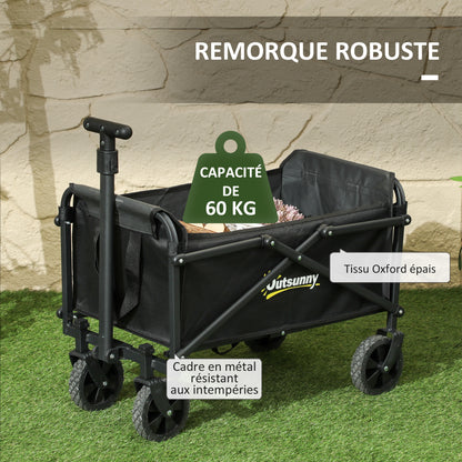 Foldable Beach Transportation Cart with Wheels 60 kg, Garden Cart with Telescopic Handle, Trailer with Transport Bags for Beach, Camping, Festival, Black