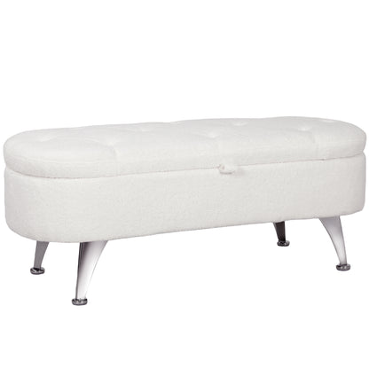 Upholstered Storage Bench with Teddy Velvet Look, Ottoman with Metal Legs, Chest Bench for Living Room Bedroom Entryway 114 x 47 x 46.5 cm, White