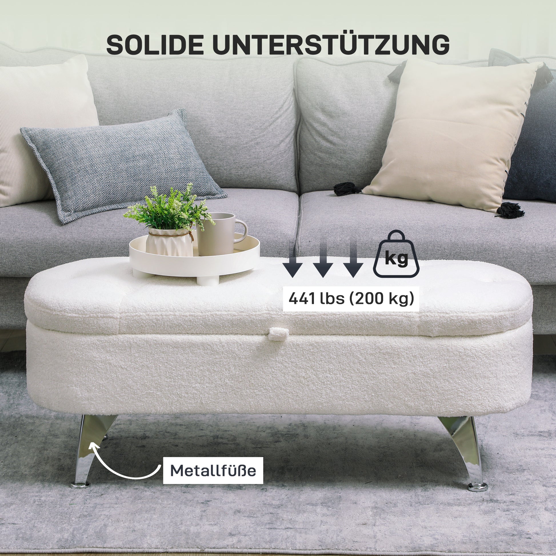 Upholstered Storage Bench with Teddy Velvet Look, Ottoman with Metal Legs, Chest Bench for Living Room Bedroom Entryway 114 x 47 x 46.5 cm, White