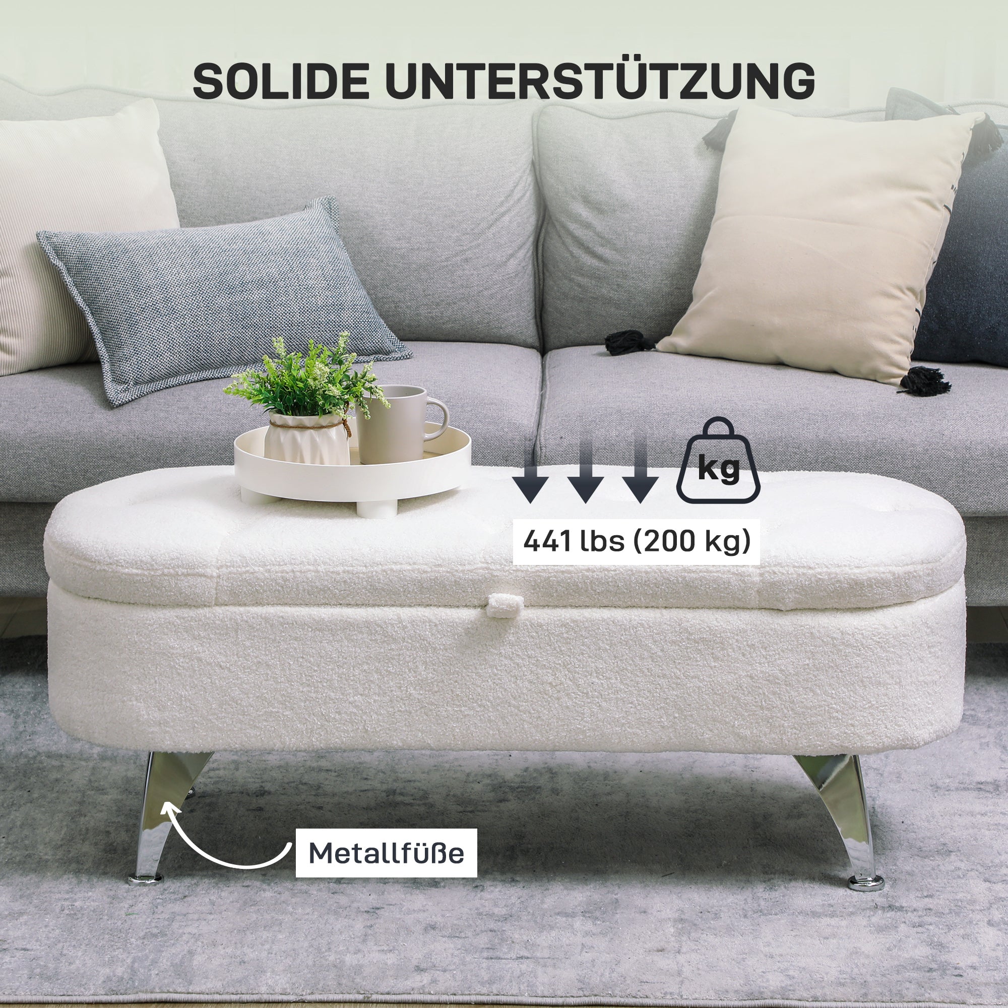 Upholstered Storage Bench with Teddy Velvet Look, Ottoman with Metal Legs, Chest Bench for Living Room Bedroom Entryway 114 x 47 x 46.5 cm, White