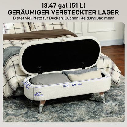 Upholstered Storage Bench with Teddy Velvet Look, Ottoman with Metal Legs, Chest Bench for Living Room Bedroom Entryway 114 x 47 x 46.5 cm, White