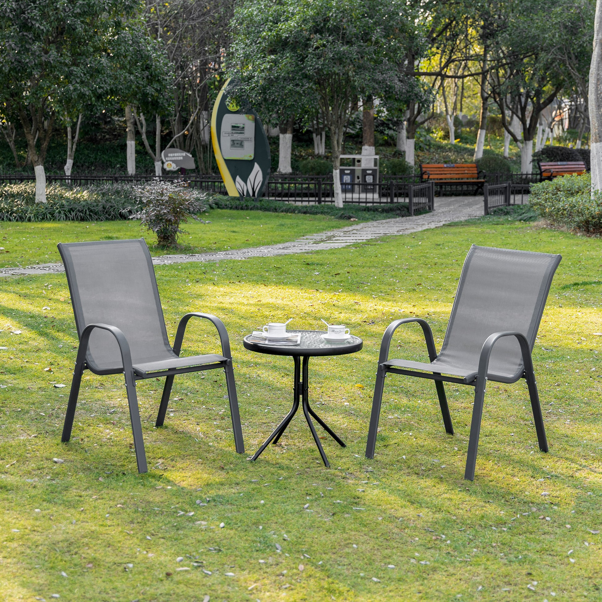Garden Chair 2-Piece Set Weather-Resistant Stackable Garden Chairs with Armrest High Backrest Patio Chair Up to 120 kg Load Capacity Outdoor Furniture for Backyard, Garden, Balcony Gray
