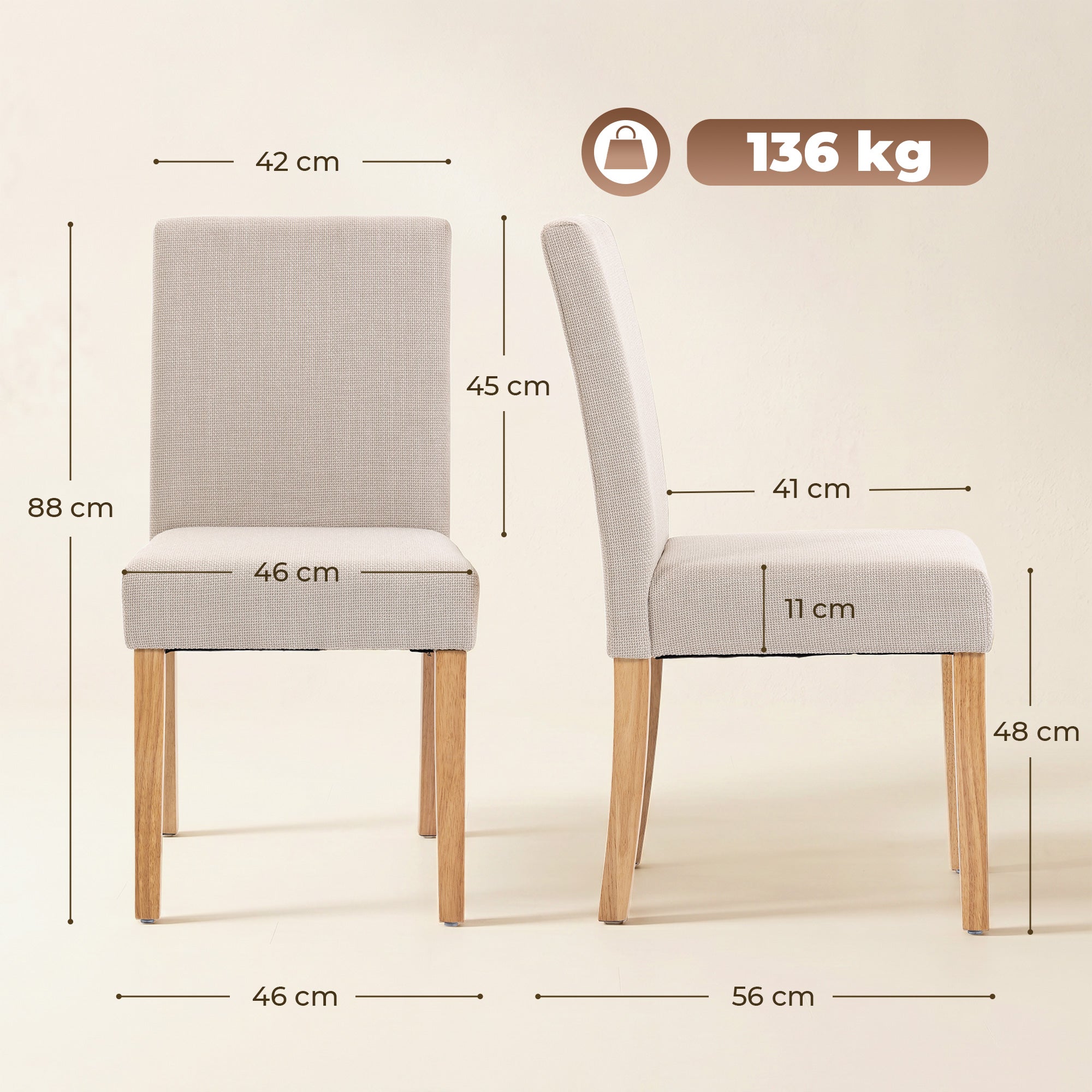 2-Pack Cream Upholstered Dining Chairs — Padded Seat & Back, Rubberwood Legs, Easy Assembly