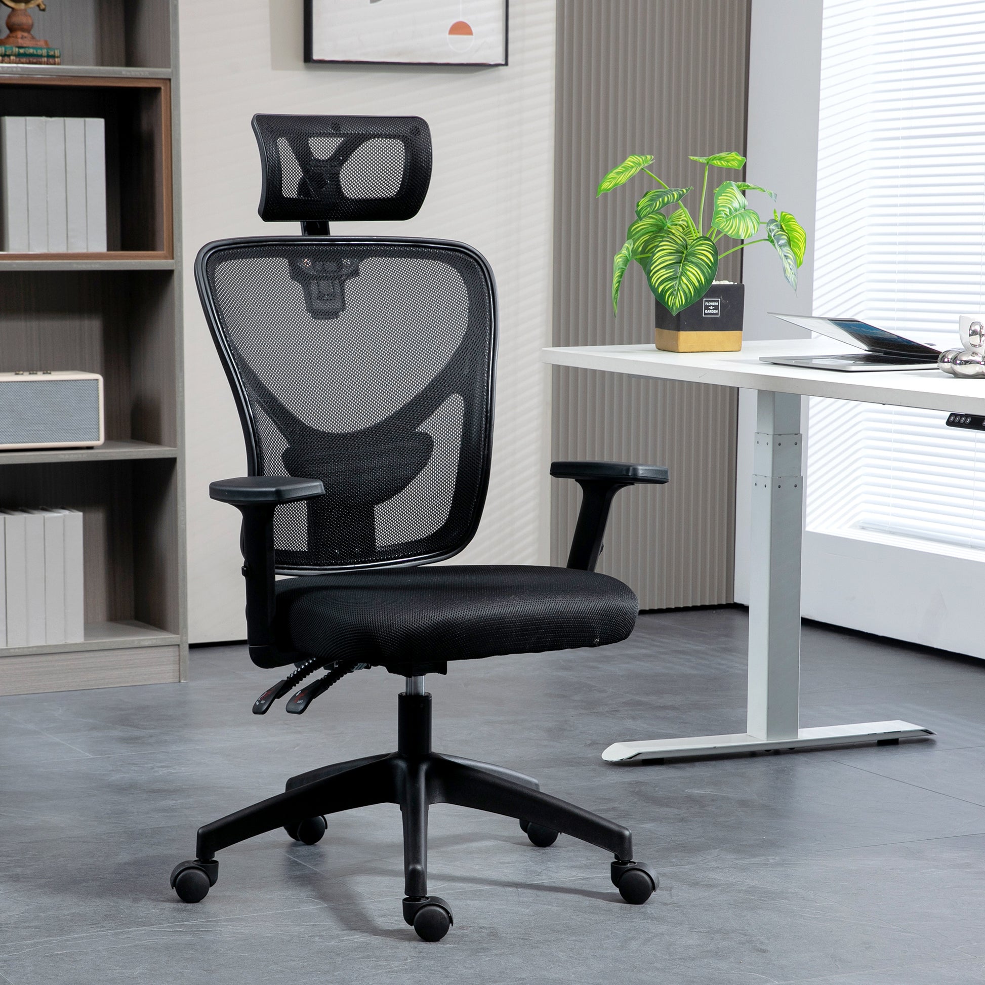Office Chair, Office Chair, Adjustable Headrest and Armrests, Tiltable Ergonomic Backrest, Height Adjustable Seat, Swivel, Breathable Mesh Fabric, Black