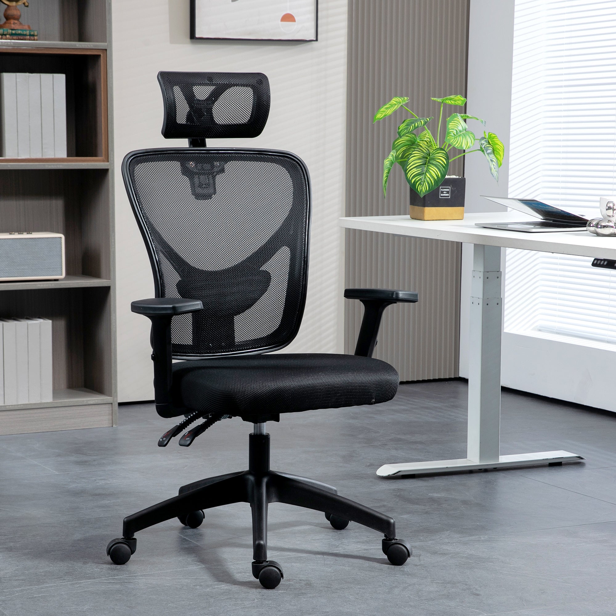 Office Chair, Office Chair, Adjustable Headrest and Armrests, Tiltable Ergonomic Backrest, Height Adjustable Seat, Swivel, Breathable Mesh Fabric, Black