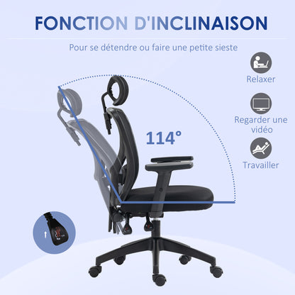 Office Chair, Office Chair, Adjustable Headrest and Armrests, Tiltable Ergonomic Backrest, Height Adjustable Seat, Swivel, Breathable Mesh Fabric, Black