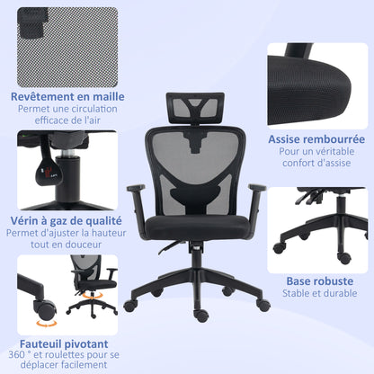 Office Chair, Office Chair, Adjustable Headrest and Armrests, Tiltable Ergonomic Backrest, Height Adjustable Seat, Swivel, Breathable Mesh Fabric, Black