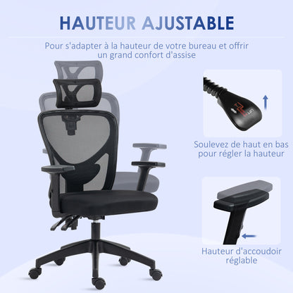 Office Chair, Office Chair, Adjustable Headrest and Armrests, Tiltable Ergonomic Backrest, Height Adjustable Seat, Swivel, Breathable Mesh Fabric, Black