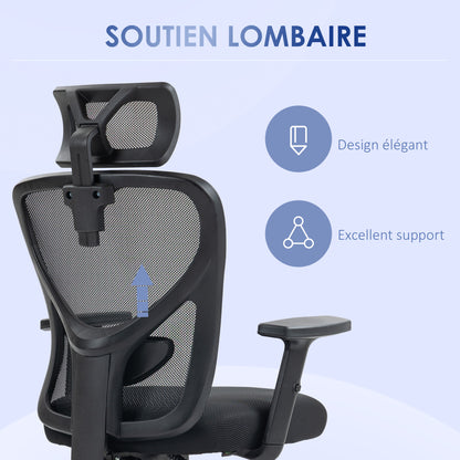 Office Chair, Office Chair, Adjustable Headrest and Armrests, Tiltable Ergonomic Backrest, Height Adjustable Seat, Swivel, Breathable Mesh Fabric, Black