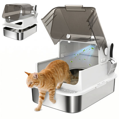 XXL Stainless Steel Enclosed Cat Litter Box – Flip-Top Hood, High Sides, Top Entry, Scoop, Odor Control, Easy to Clean, Leakproof, White